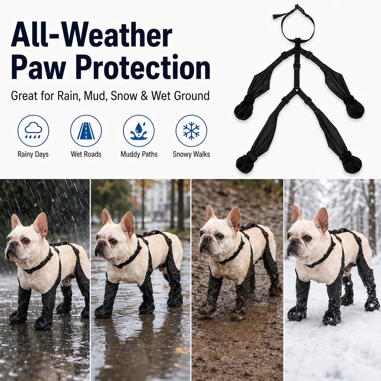 Waterproof Dog Boots 4-Leg Anti Slip Paw Protector Adjustable Dog Shoes for Small Medium Dogs Rain Snow Mud Outdoor