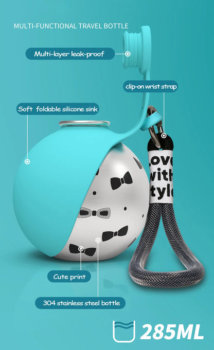 Portable Outdoor Pet Stainless Steel Water Cup Dog Water Bottle with Bowl for Cat 304 Stainless Steel Safe Food-Grade Silicone